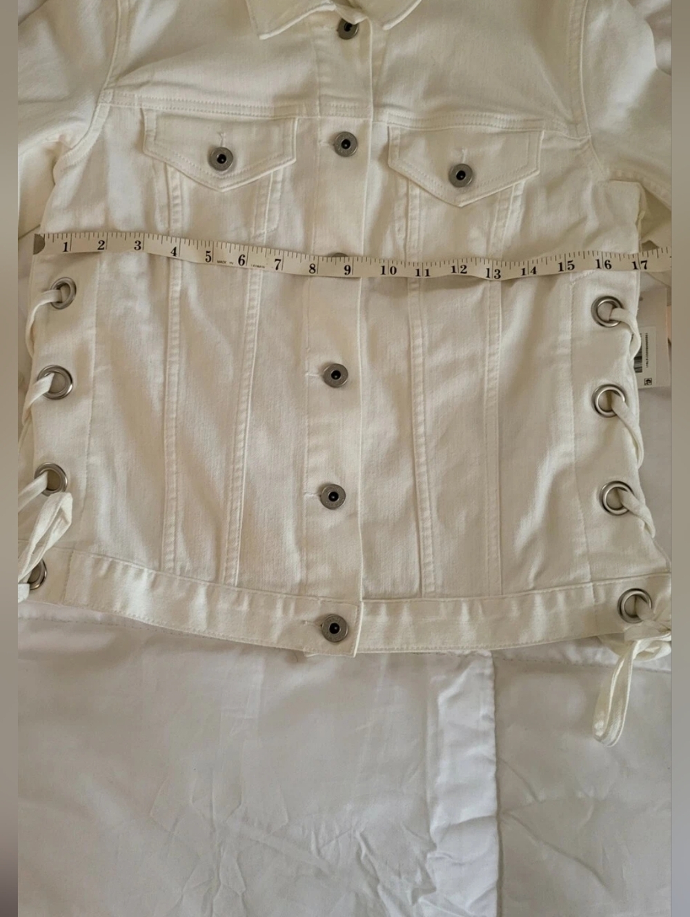 VINCE CAMUTO Womens White Point Collar Denim Jacket  Side Lace Detail Sz XS Nwt - Picture 5 of 12